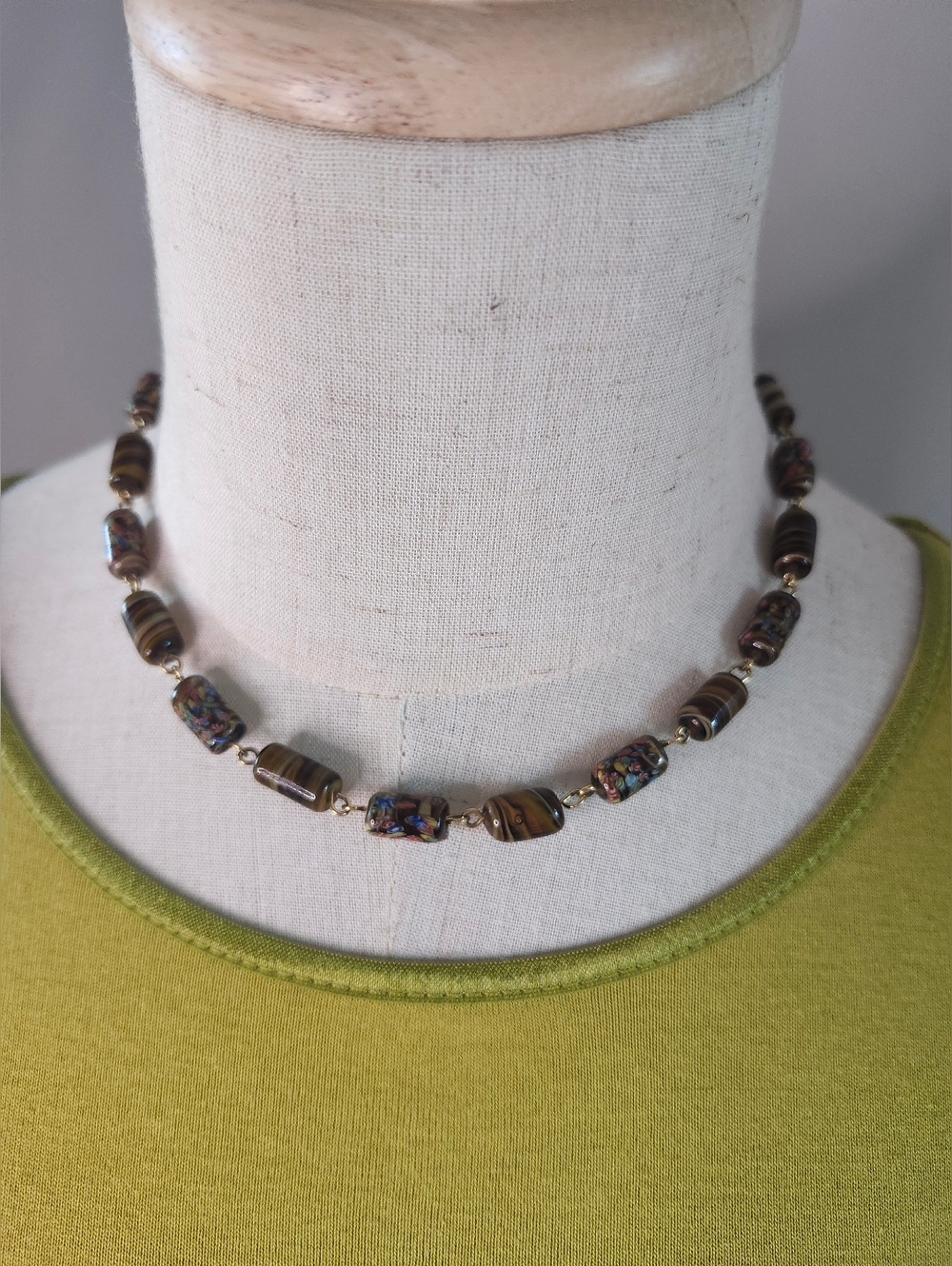 Art Glass Beaded Necklace Brown Multicolor Lampwork Style Magnetic Clasp